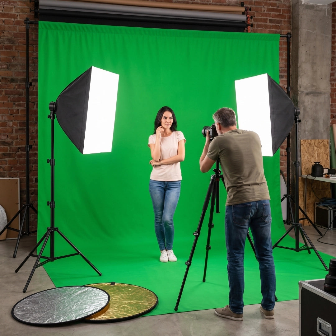 kit studio photo fond vert éclairage