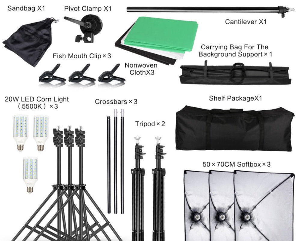 Kit Complet Fond Vert + Support + Éclairage