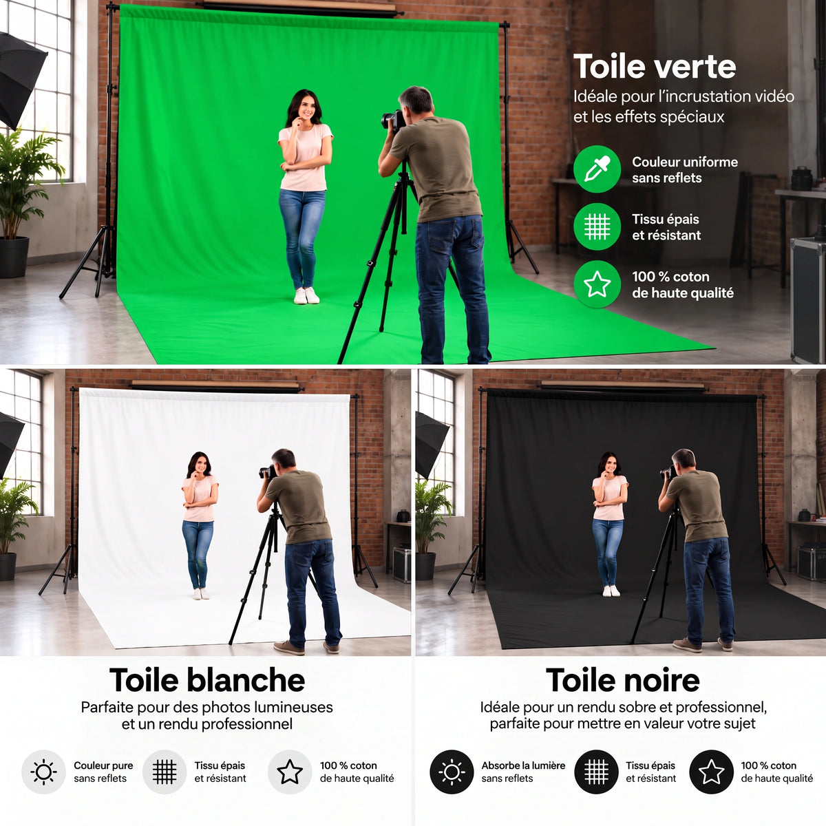kit fond photo studio vert blanc noir